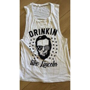 Drinkin Like Lincoln Patriotic Graphic Muscle Tank Top White Sleeveless Small
